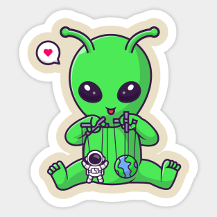 Cute Alien Playing Astronaut And Earth Puppet Cartoon Sticker